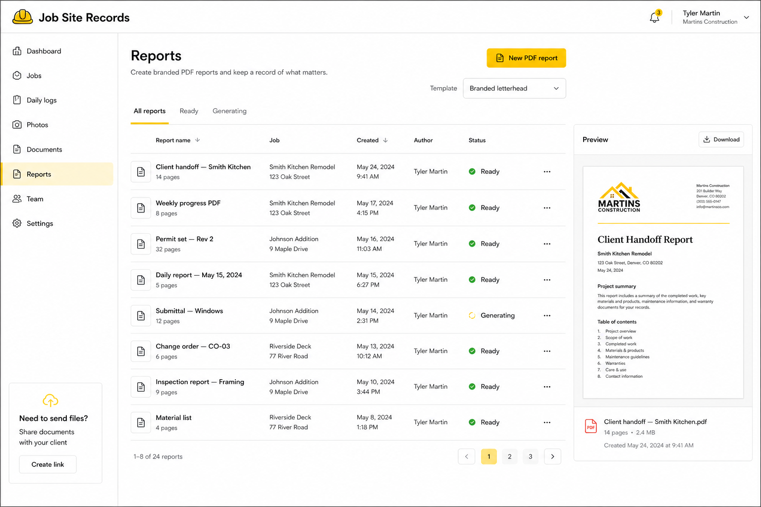 Job Site Records web dashboard: sidebar with Dashboard, Jobs, Daily logs, Photos, Documents, Reports, Team, and Settings; Reports view with branded PDF list, template selector, status column, and PDF preview with download.