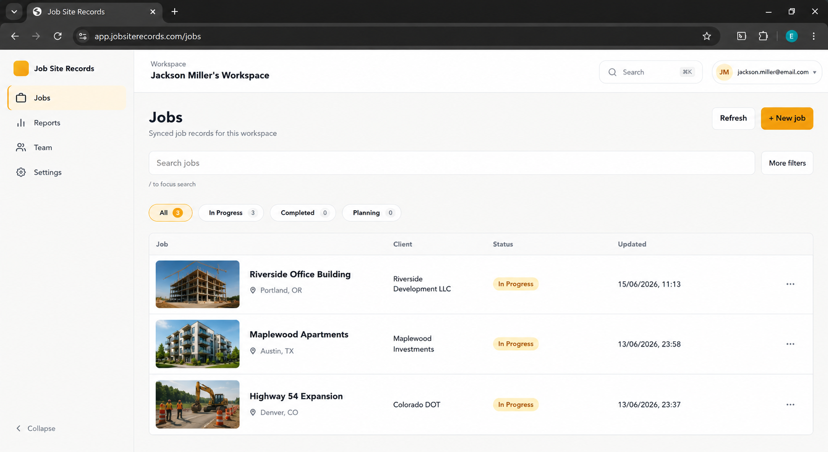 Job Site Records dashboard: a list of contractor jobs with photo thumbnails, client, address, status, and last-updated time.