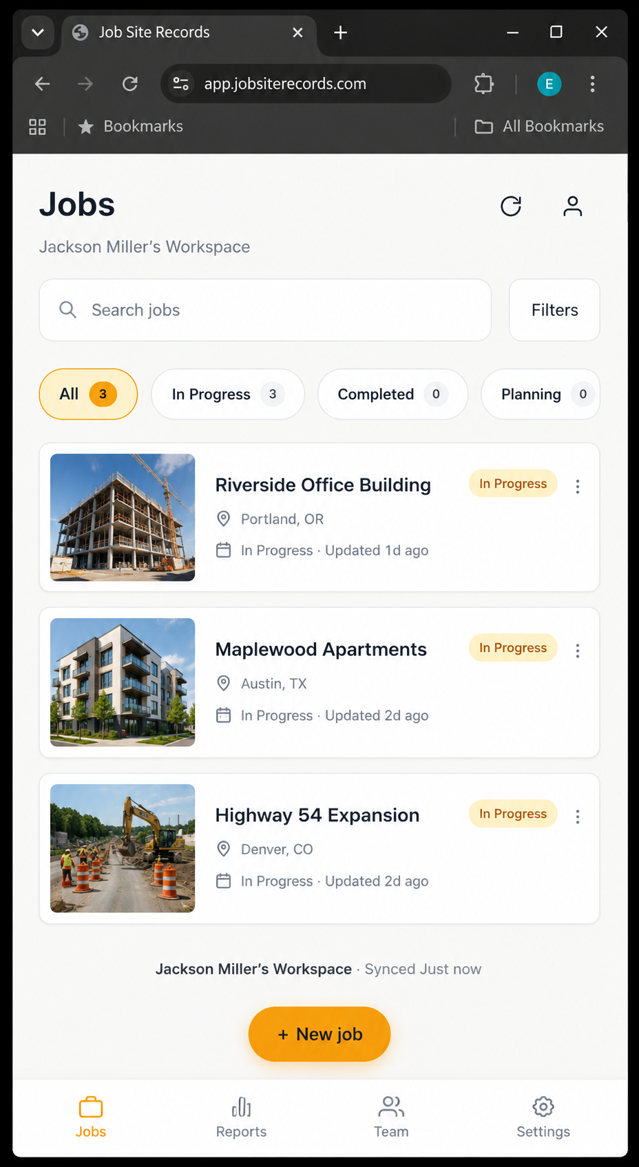 Job Site Records on a phone: the mobile jobs list with status filters and a New job button, sized for one-handed field use.